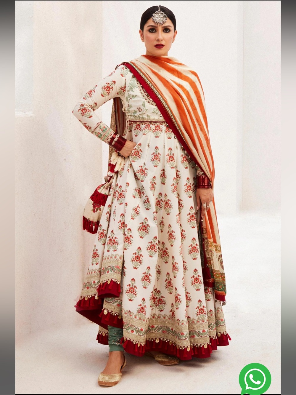 Zara shahjahan White & Red Floral Anarkali Dress with Orange Dupatta